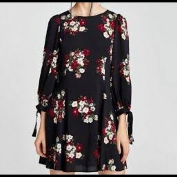 Zara Black Floral Tunic Tie Sleeves Shift Mini Dress Size M - Picture 1 of 12